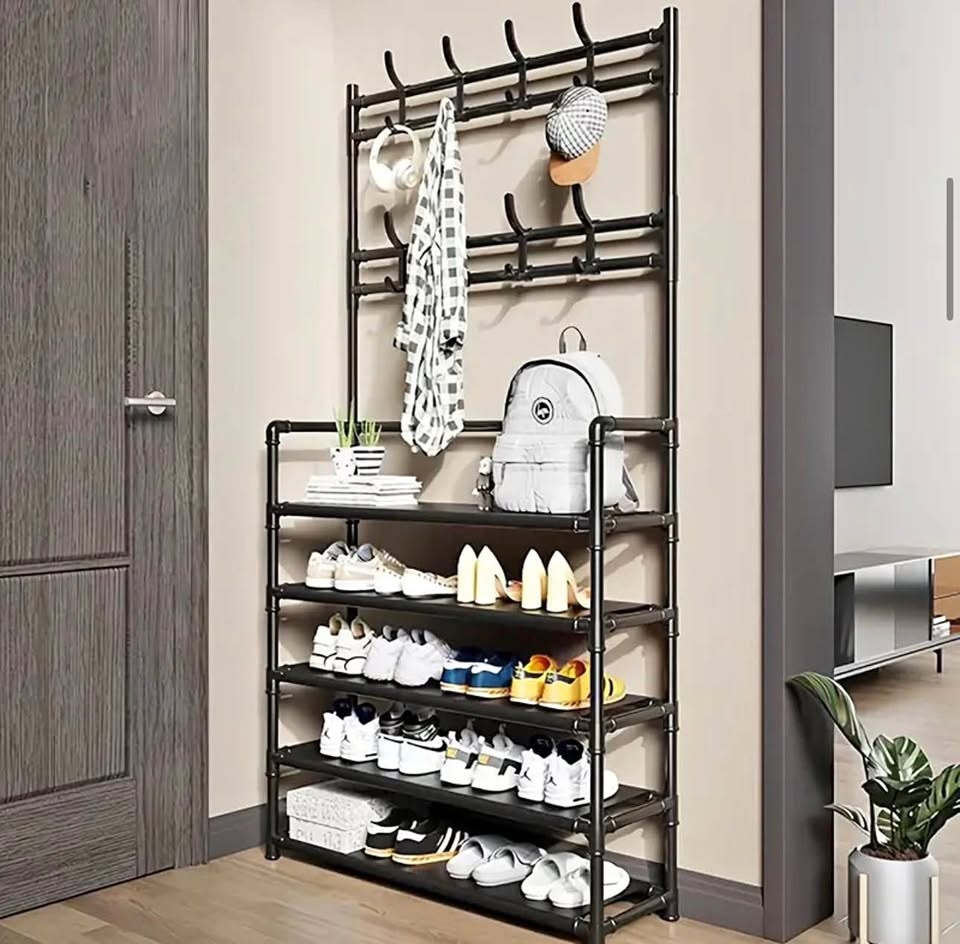 Brand new Black Metal Entryway Organizer Rack w/ Shoe Storage &