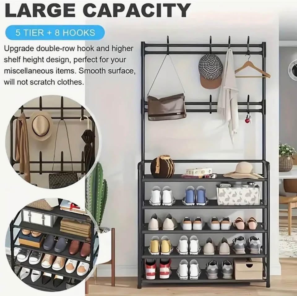 Brand new Black Metal Entryway Organizer Rack w/ Shoe Storage & - photo 2