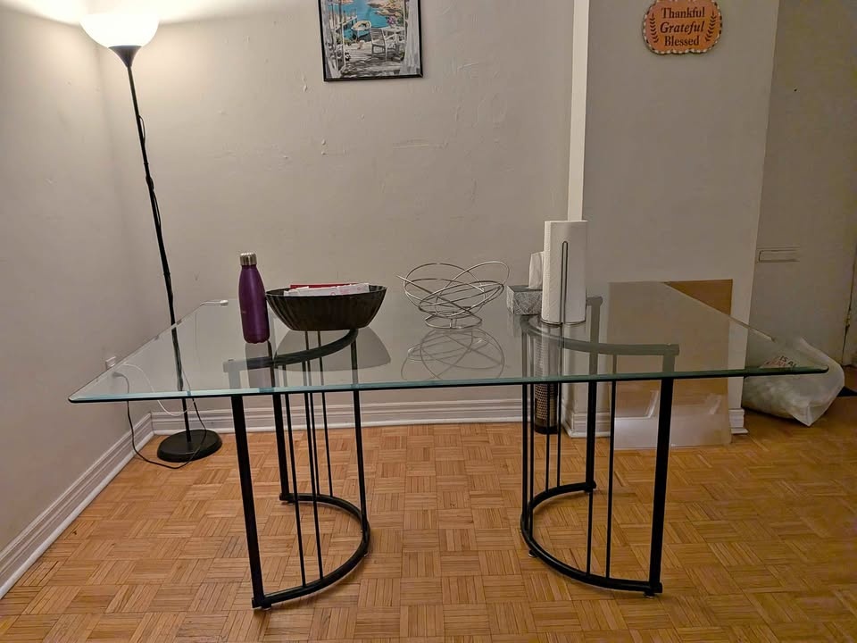 Sleek Glass Top Dining/Console Table with Curved Black Metal Bas