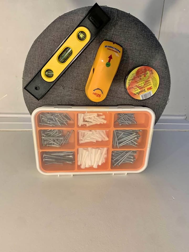 Level, Stud Finder, Screws, Wall Anchors, Tape