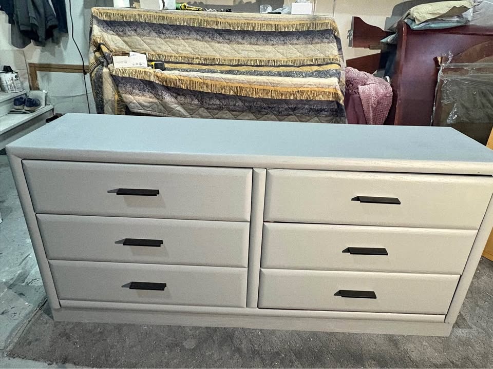 Beautiful gray storage dresser with black handles - excellent co
