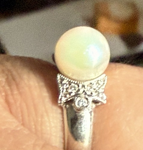 14K White Gold Pearl & Diamond Ring | Size 7 | Estate - photo 2