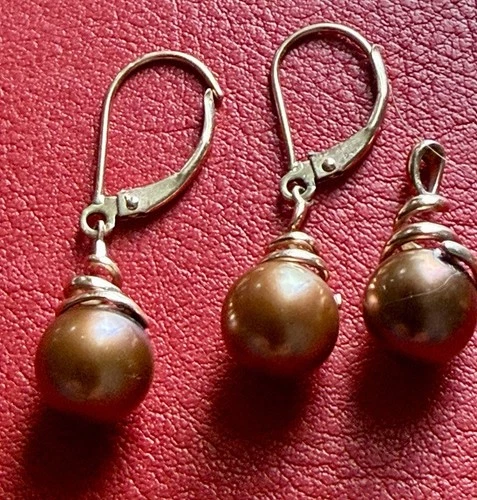 14K Rose Gold Brown Pearl Earrings & Pendant Set | Leverback | E