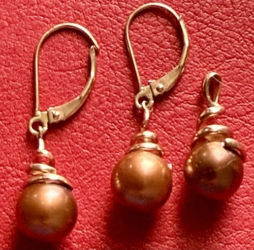 14K Rose Gold Brown Pearl Earrings & Pendant Set | Leverback | E - photo 2