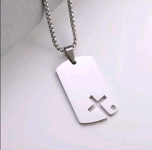 Stainless Steel Dog Tag Cross Pendant Necklace, 23.5"