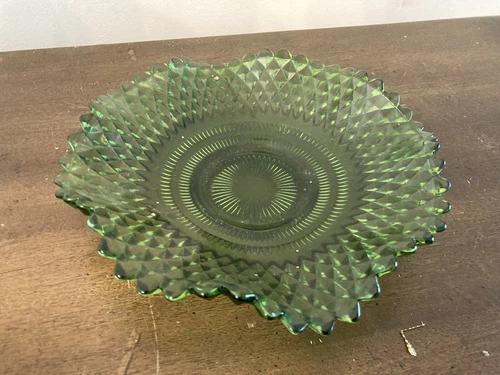 Green Carnival Glass Plate Diamond Point Ruffle Indiana Glass 10