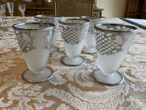 Vintage Set of 5 Frosted Etched Silver Rim Parfait Glasses