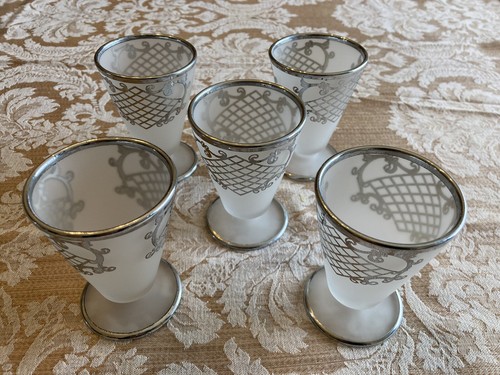 Vintage Set of 5 Frosted Etched Silver Rim Parfait Glasses - photo 2