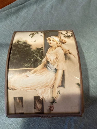 Vintage Brass Glass Hinged Mirror Trinket Box 4.5"