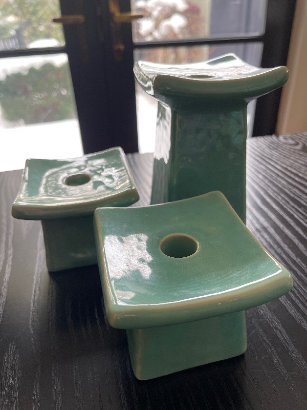 Set of Three Ceramic Candle Holders Jade Green