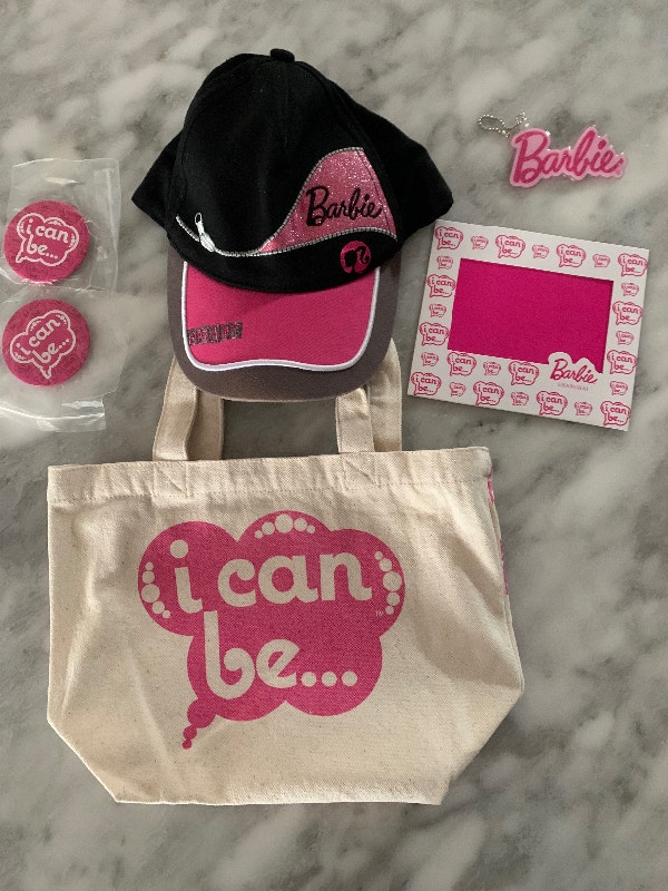 BARBIE Baseball Hat, Canvas Bag, Photo Frame, Buttons Lot