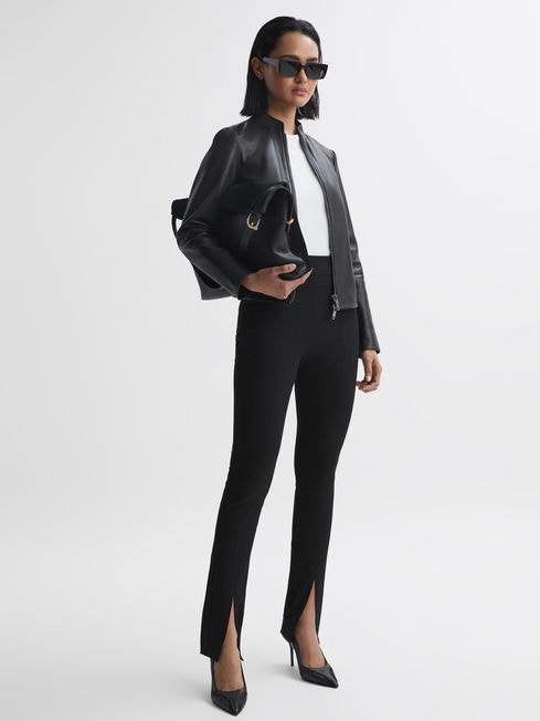 REISS Women Allie Black Leather Fitted Biker's Jacket Size 0 US