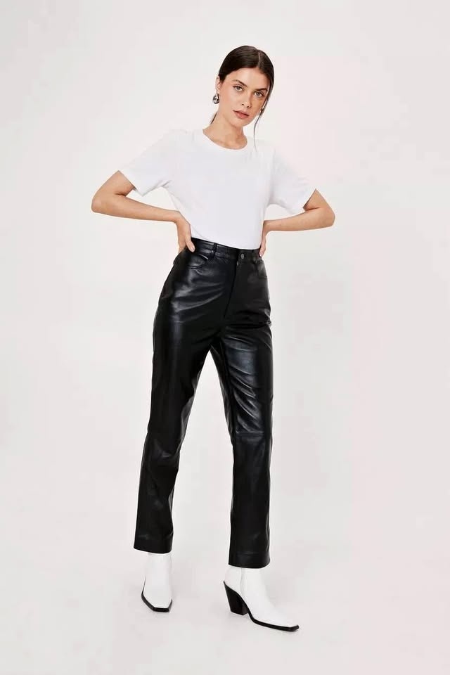 Straight Leg High Waisted Real Leather Pants