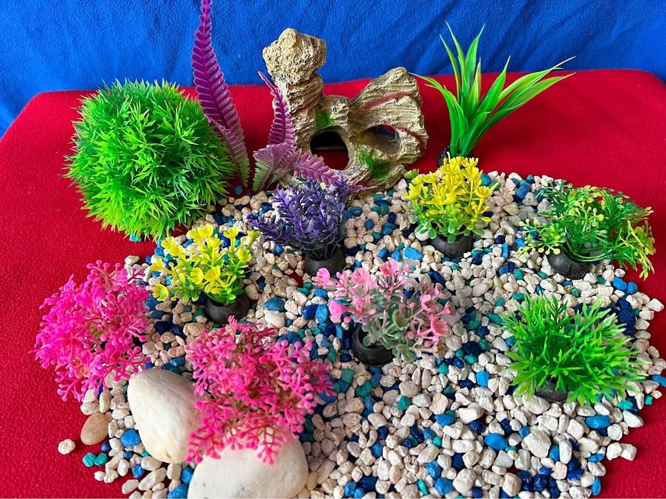 Aquarium Decoration Set - Artificial Plants & Cave