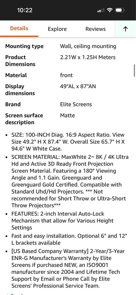 Elite Screens 100" Manual Pull Down Projector Screen - photo 2