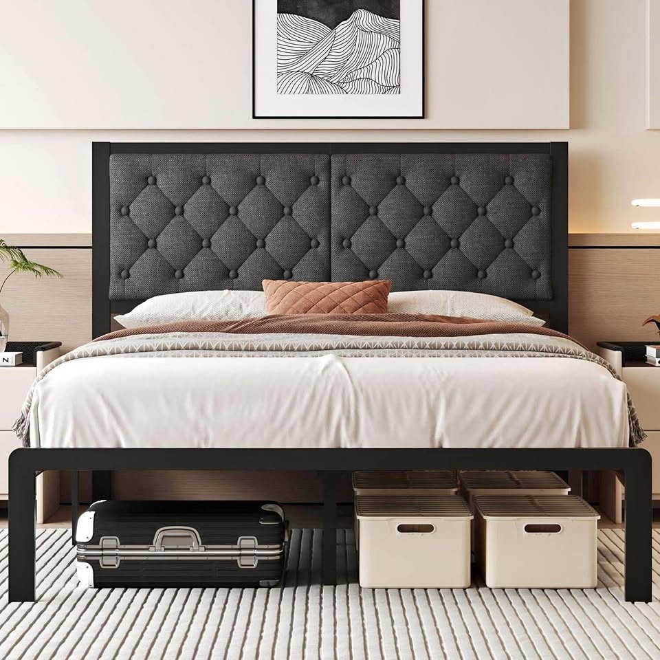 NEW Queen Bed Frame - Grey Upholstered Tufted Headboard