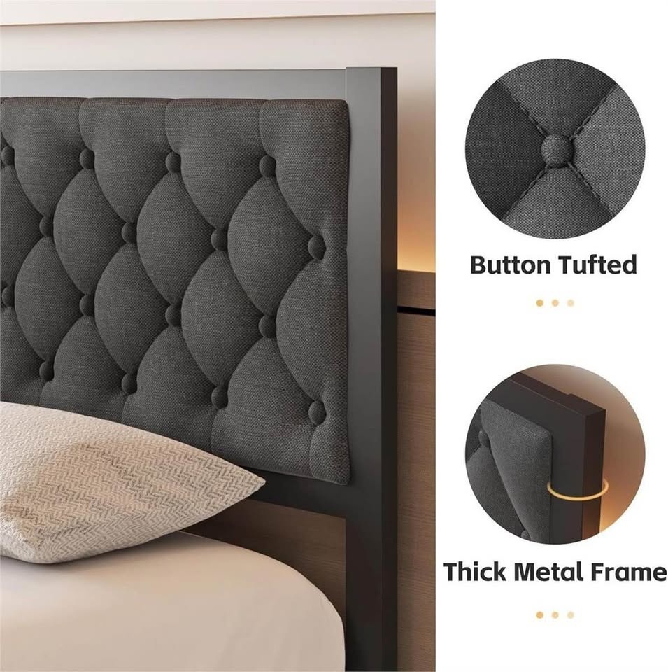 NEW Queen Bed Frame - Grey Upholstered Tufted Headboard - photo 2