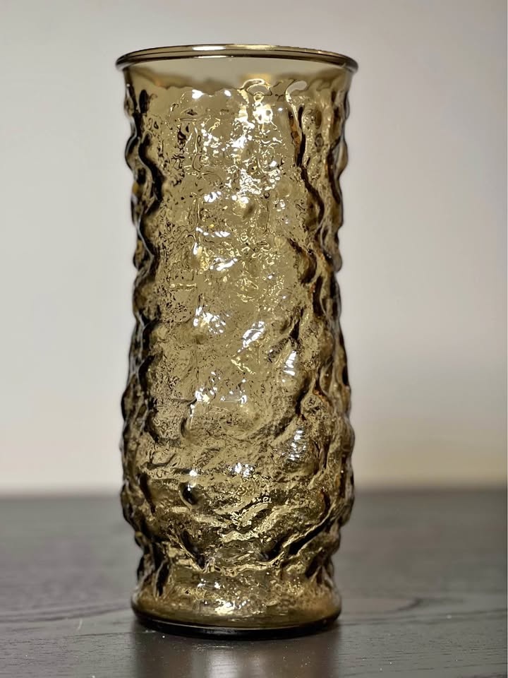 Smoke Brown Crinkle Glass Vase Vintage MCM EO Brody Co USA