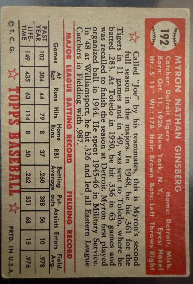 Autographed 1952 Topps Joe Ginsberg Baseball Card - Detroit Tige - photo 2