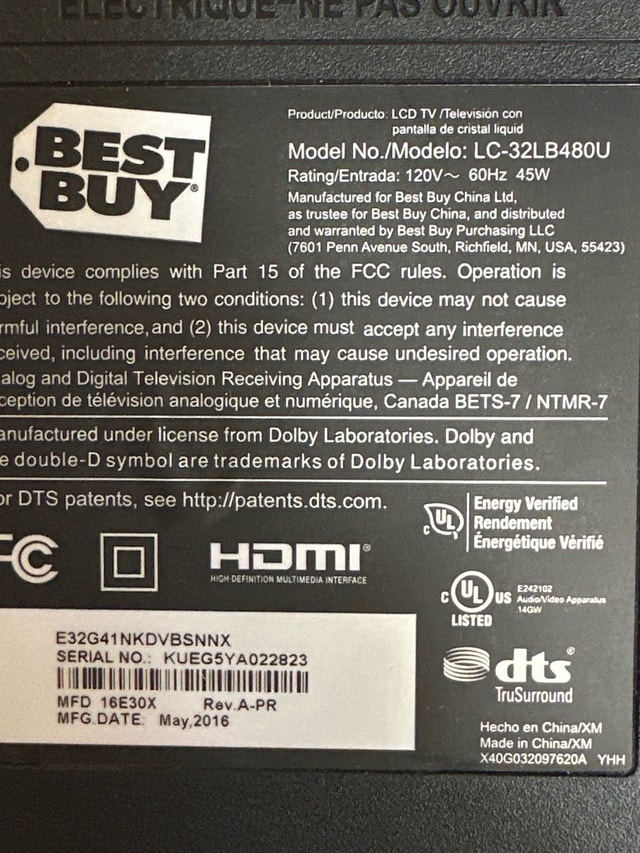 32” Sharp LCD TV - Model LC-32LB480U