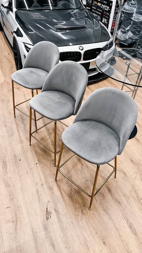 Modern Grey Velvet Bar Stools (Set of 3)