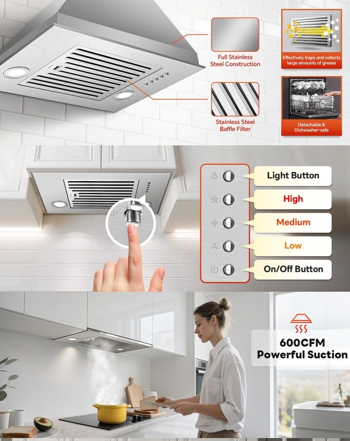 24" Range Hood Insert 600CFM Stainless Steel - photo 5