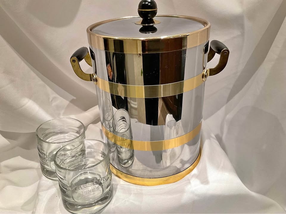 Vintage Ice Bucket - Stainless Steel, Brass Accents, Wood Handle