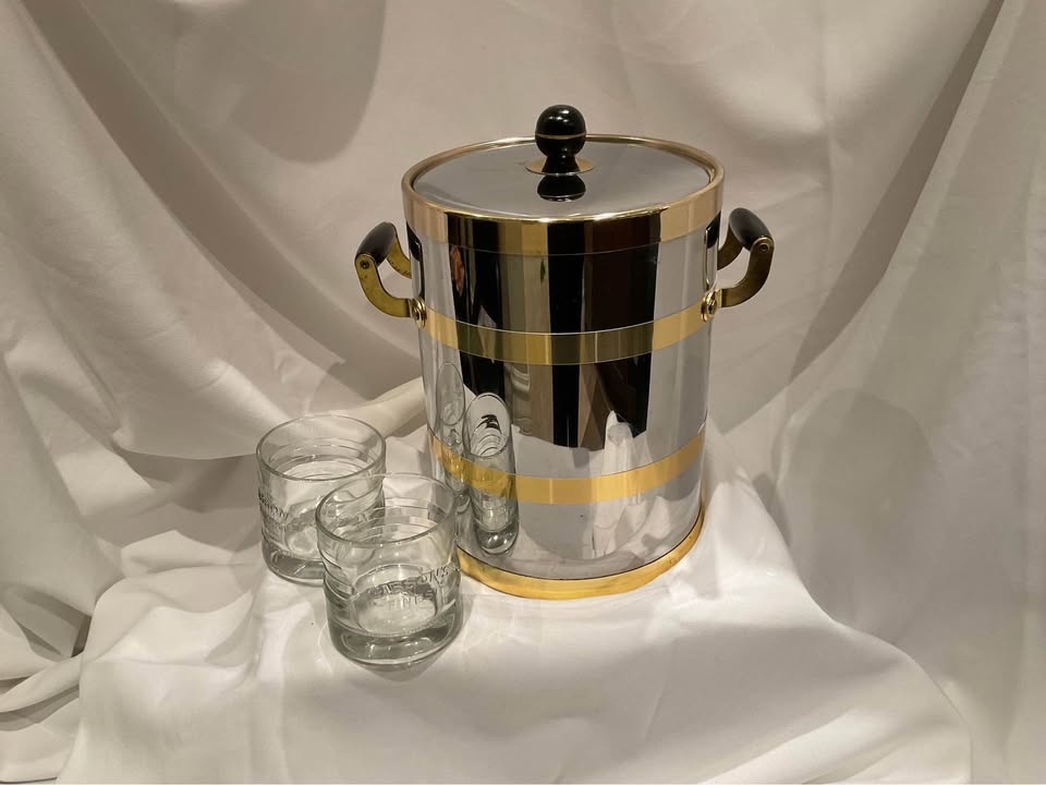 Vintage Ice Bucket - Stainless Steel, Brass Accents, Wood Handle - photo 2