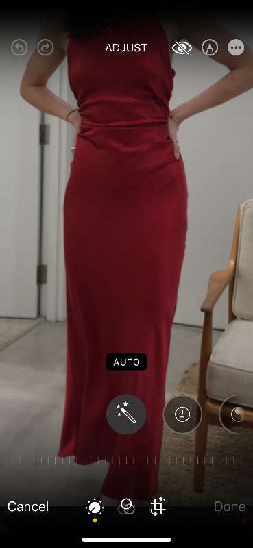Red silk like evening/prom dress.