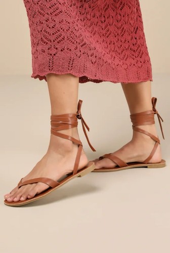 Cognac Lace-Up Flat Thong Sandals Size 8 - photo 2