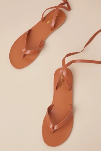 Cognac Lace-Up Flat Thong Sandals Size 8 - photo 3