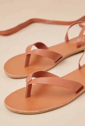 Cognac Lace-Up Flat Thong Sandals Size 8 - photo 4