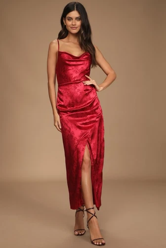 Wine Red Satin Jacquard Maxi Dress Size Small