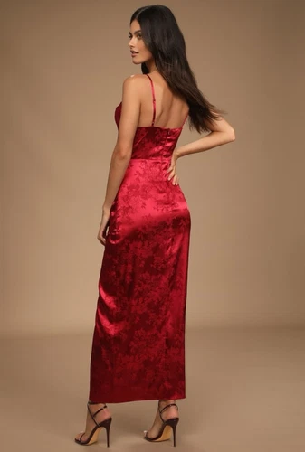 Wine Red Satin Jacquard Maxi Dress Size Small - photo 4