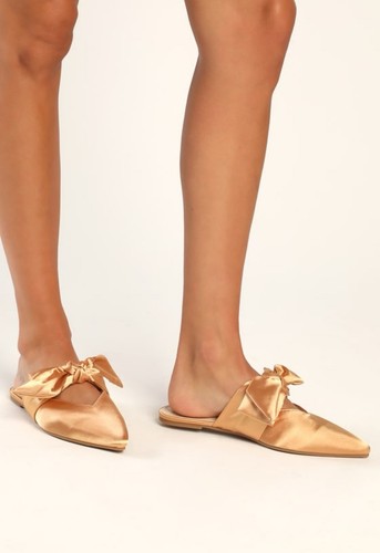 Gold Satin Pointed-Toe Bow Mules Size 9 - photo 2