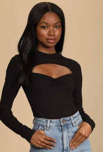 Black Ribbed Long Sleeve Cutout Bodysuit XS
