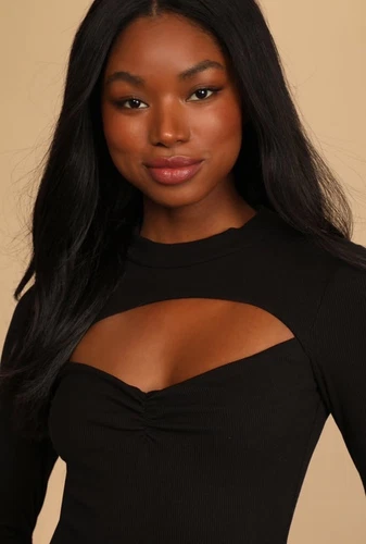 Black Ribbed Long Sleeve Cutout Bodysuit XS - photo 2