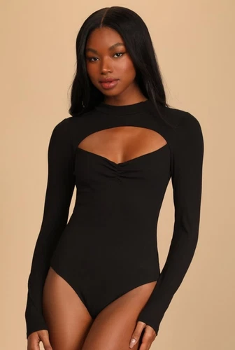 Black Ribbed Long Sleeve Cutout Bodysuit XS - photo 5