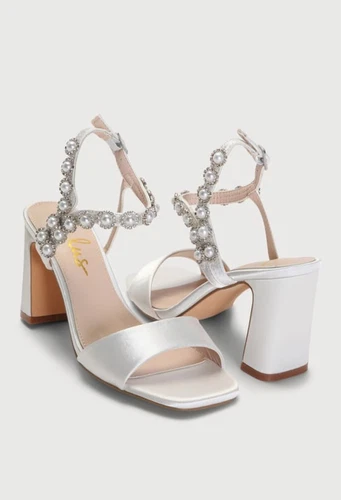 White Satin Pearl Rhinestone Ankle Strap Heels Size 7.5 - photo 4