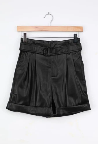 Black Vegan Leather Paperbag Waist Shorts Size Small - photo 4
