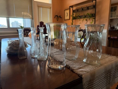 2 Large Antique Glass Vases, 3 Small Vases, Cocktail Picks