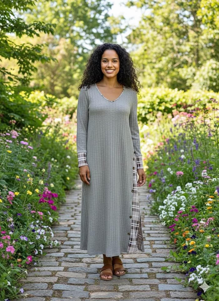 Ribbed Maxi Dress with Plaid Accents - Size XL