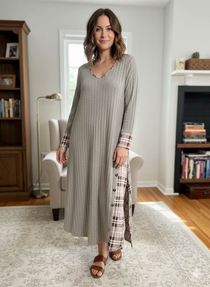 Ribbed Maxi Dress with Plaid Accents - Size XL - photo 3