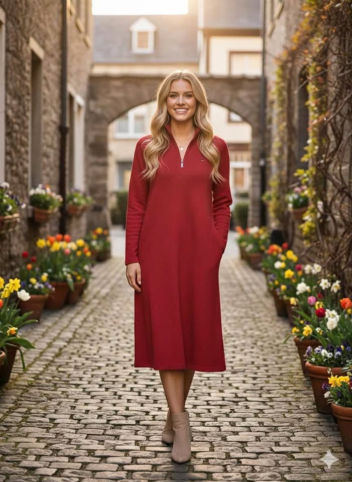 Red Half-Zip Long Sleeve Dress - Size XXL