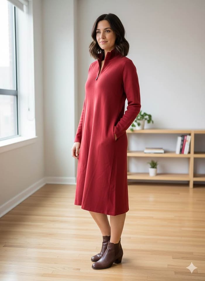 Red Half-Zip Long Sleeve Dress - Size XXL - photo 4