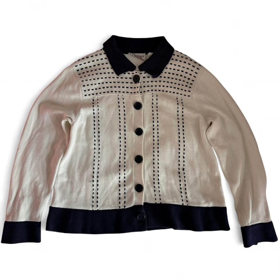 Tanjay Petites Embroidered Knit Cardigan | Small | Cream & Navy
