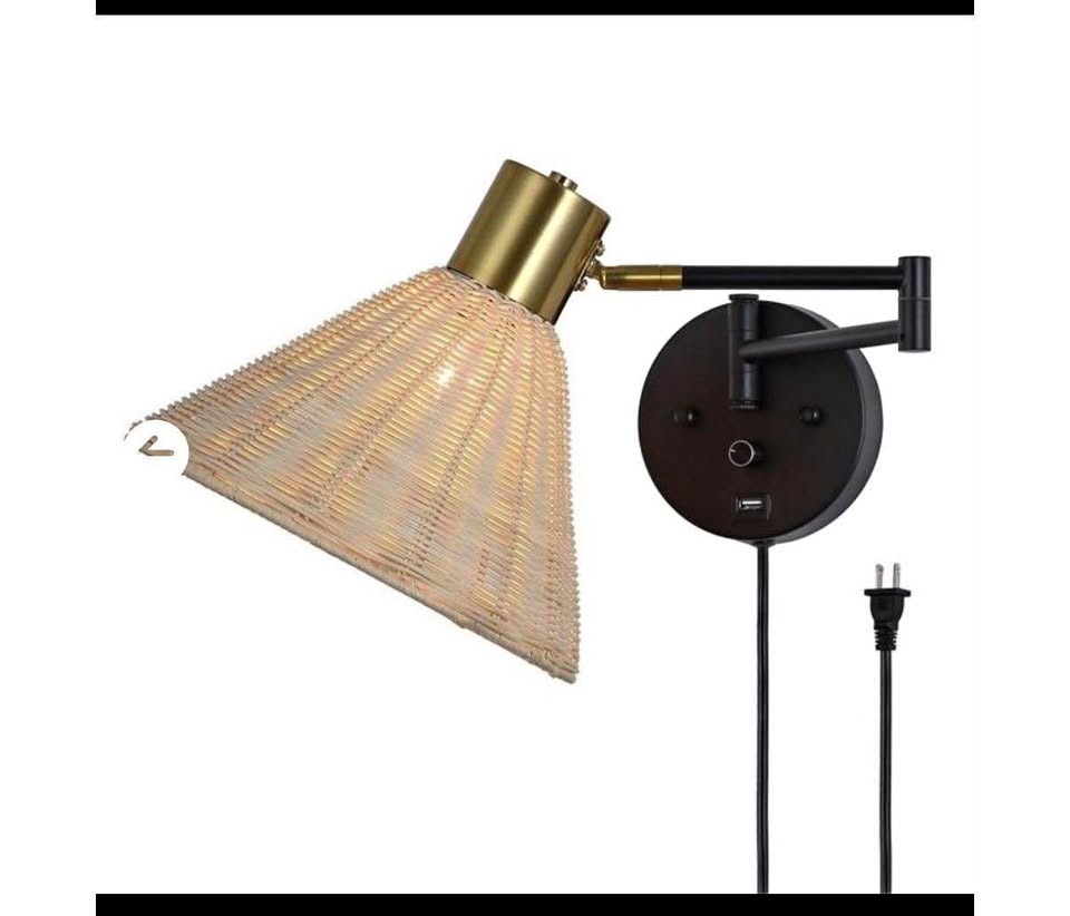 PULLCU Plug in Rattan Wall Sconce Swing Arm Lamp with USB