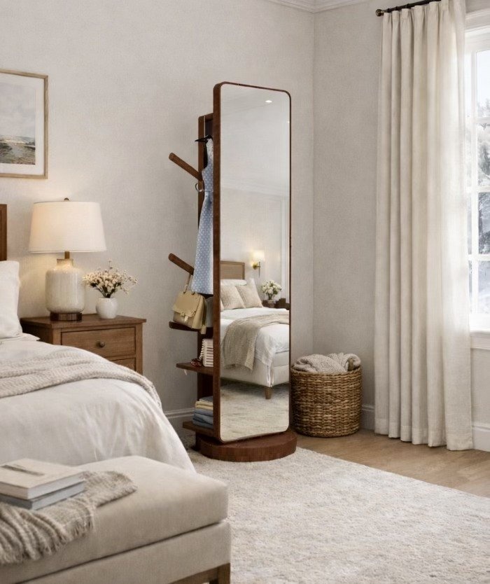 Wood Full Length Mirror with Storage & Coat Rack - Brand New