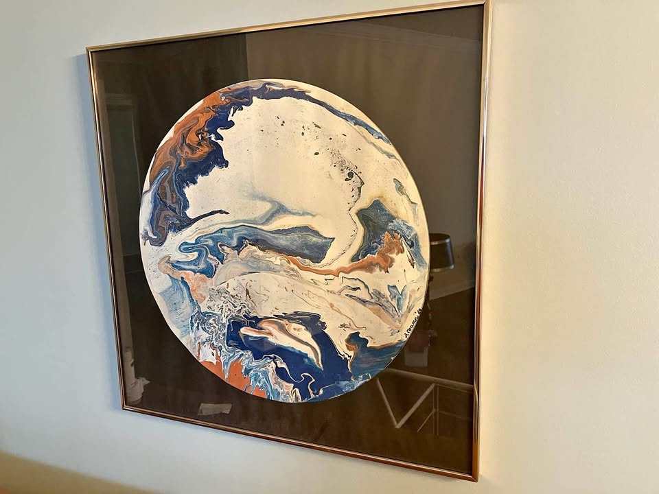 Abstract Fluid Art Blue White Copper Framed 30x28