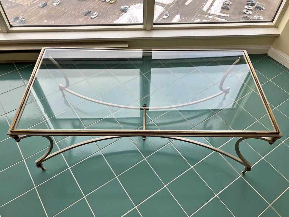 Rectangular Glass Coffee Table with Ornate Metal Frame